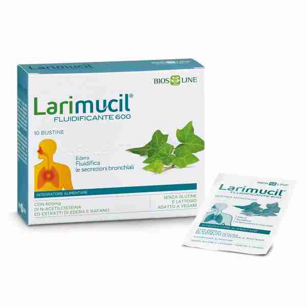 Confezione di Larimucil Fluidificante 600, integratore per vie respiratorie.