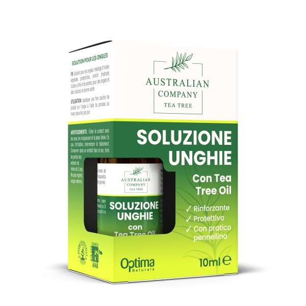 Optima Naturals Soluzione Unghie con Tea Tree Oil, trattamento antimicotico e rinforzante, flacone da 10 ml.