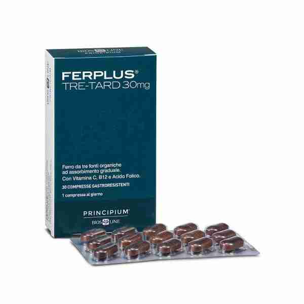 Biosline Ferplus Tre-Tard, integratore di ferro a rilascio graduale, confezione da 30 compresse